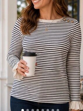Talbots Striped Long-Sleeve Top with Gold Button Detail Ruffle Sleeves Large